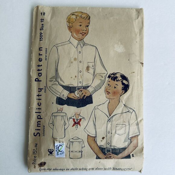 Antique SIMPLICITY Sewing Pattern Vintage 1930s UNMARKED Boys Shirt 1509 Size 12 - Picture 2 of 3